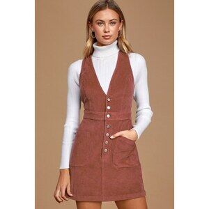 NWT Lulus Wander My Way Rusty Rose Corduroy Pinafore Dress Pink - Size S